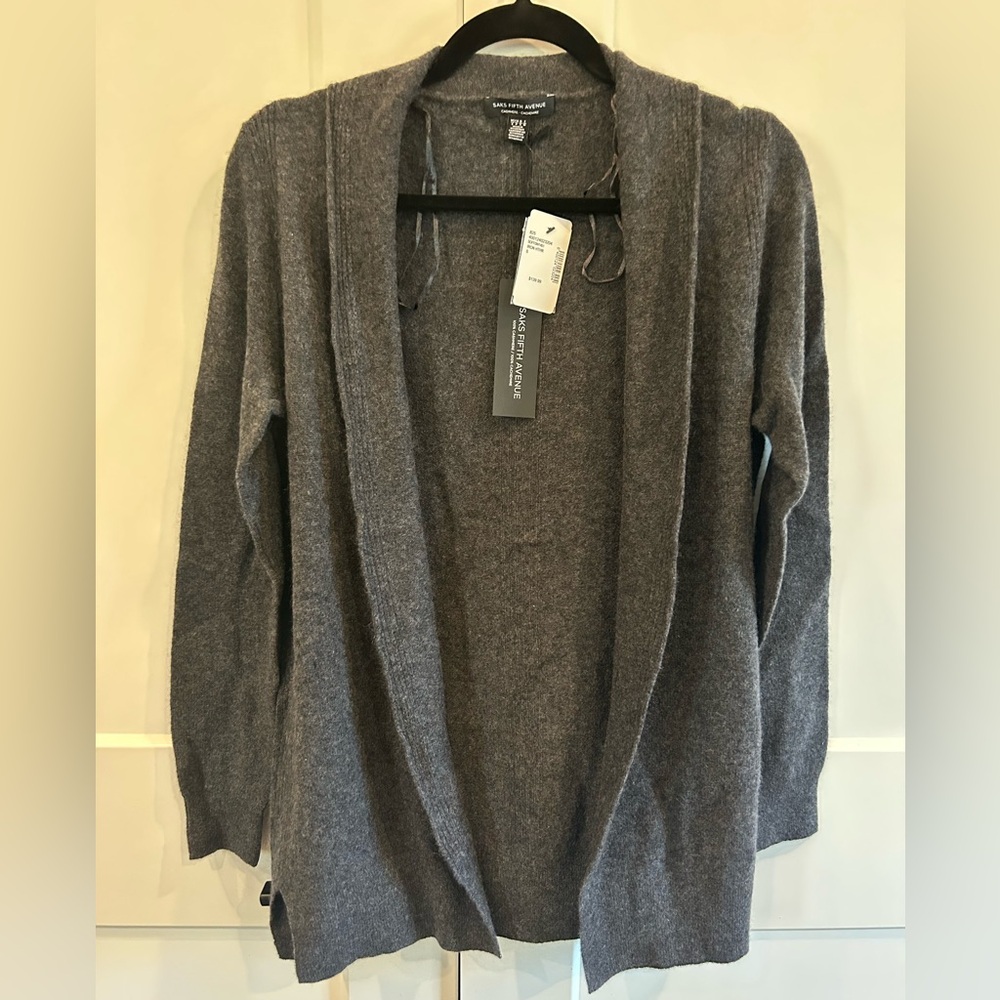 Saks Fifth Avenue Cashmere Gray Open Front Cardigan Small NWT